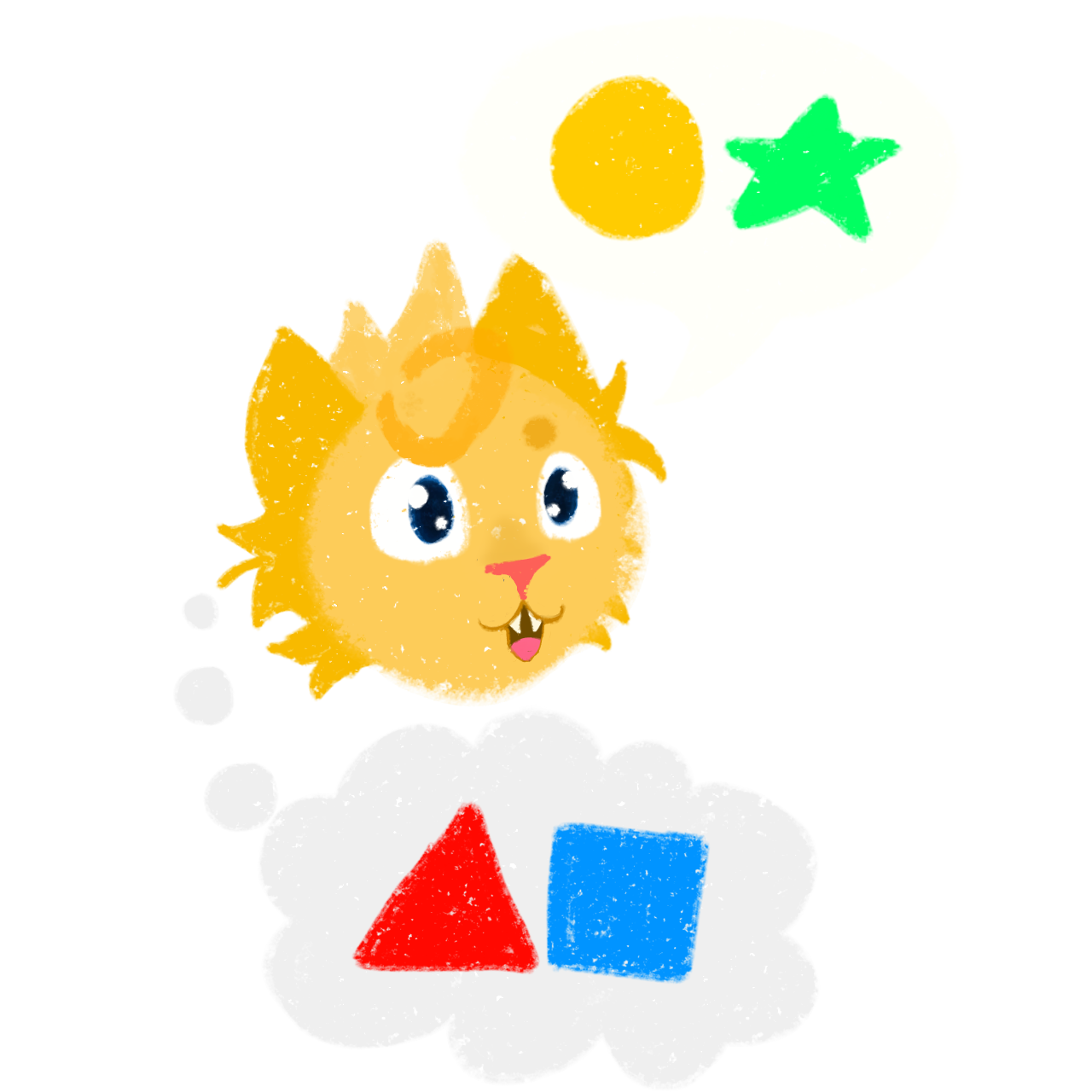  A cartoon cat with bright yellow fur is depicted. Its eyes are wide and expressive, and a small smile is playing on its lips. Above the cat's head, a speech bubble appears, filled with a yellow circle  and a green star. In a thought bubble below, a red triangle and a blue square are drawn.